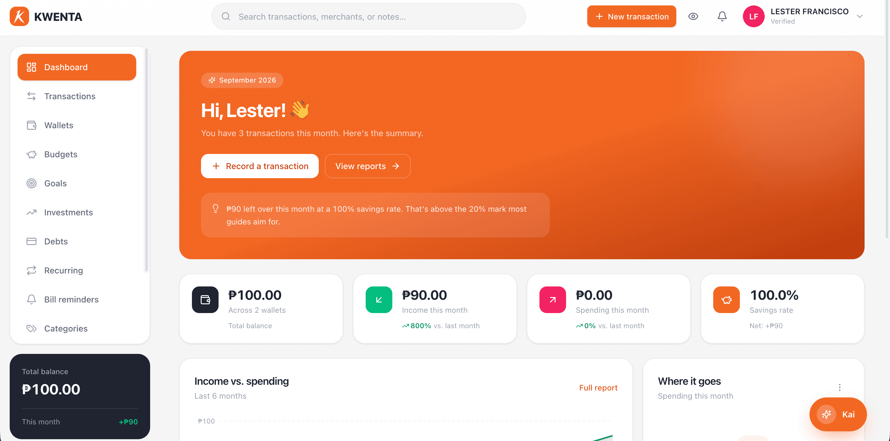 Dashboard ng Kwenta sa browser